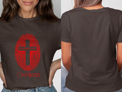 Brown t-shirt with red fingerprint cross and "CHRIST IDENTITY" text.