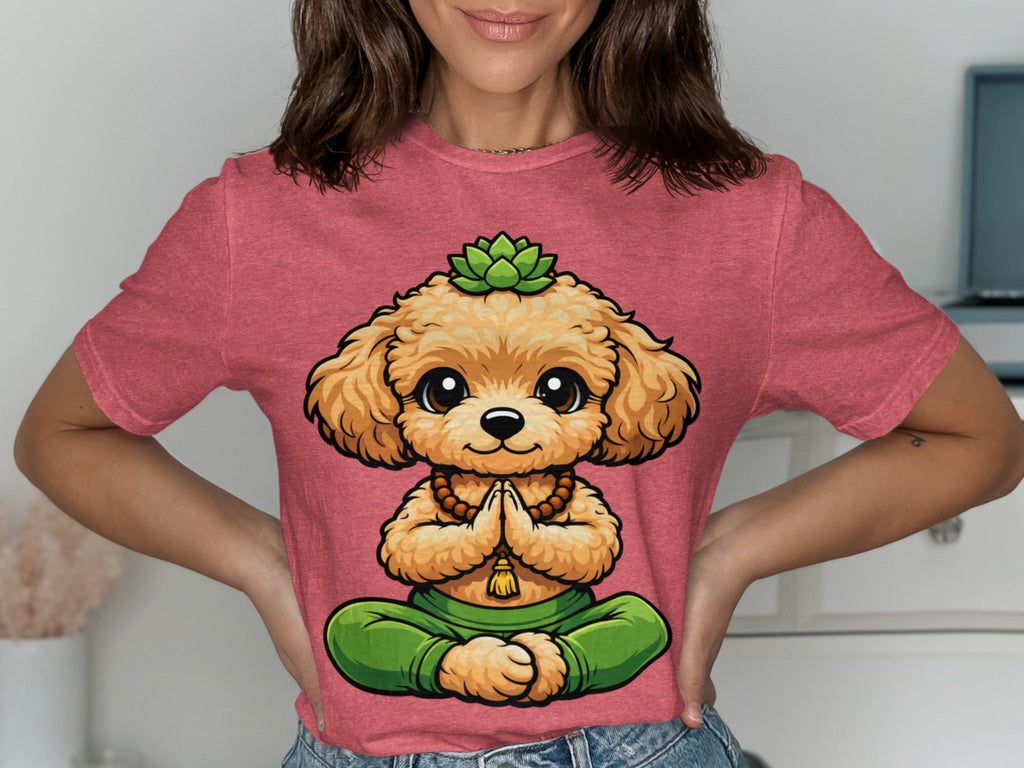 Cartoon poodle meditating wearing a succulent crown and mala beads.