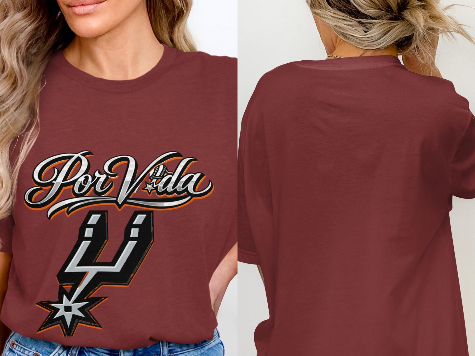 Maroon t-shirt with "Por Vida" text and San Antonio Spurs logo on front.