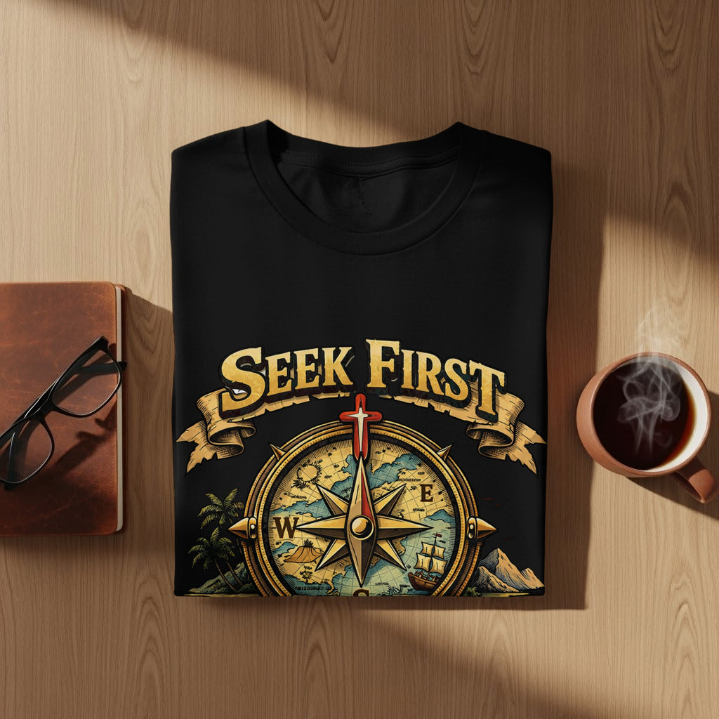 Black t-shirt with "SEEK FIRST" text and a compass design.