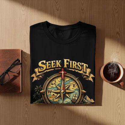 Black t-shirt with "SEEK FIRST" text and a compass design.