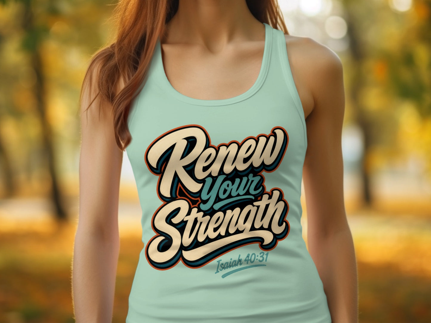Mint tank top with "Renew Your Strength" and "Isaiah 40:31" text.