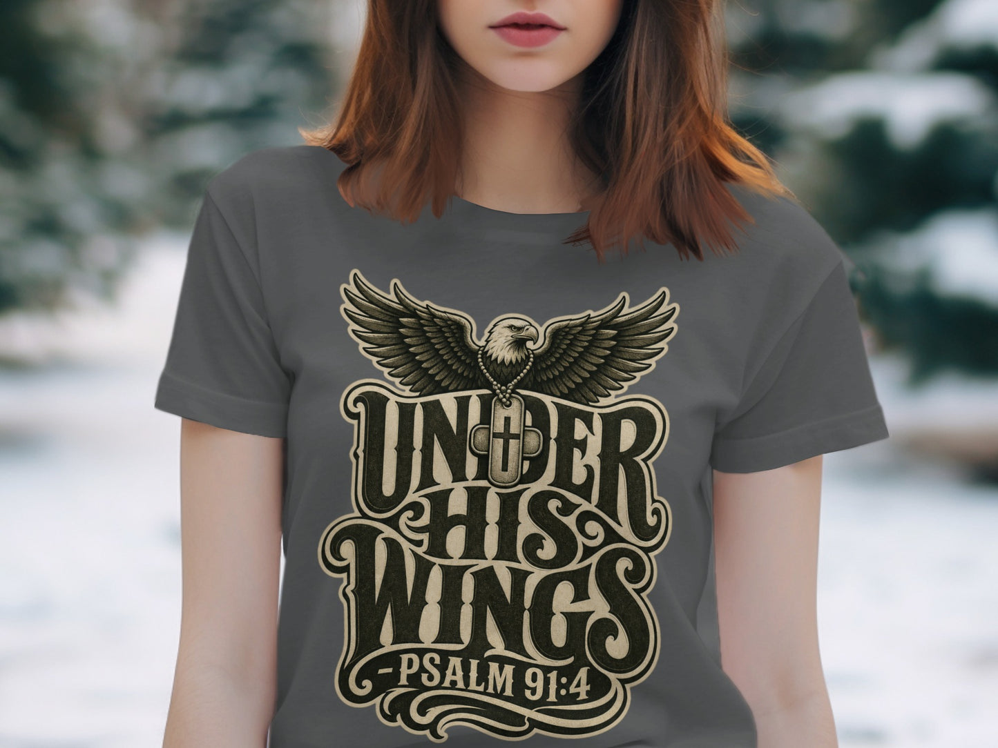 Dark gray t-shirt with an eagle and text "UNDER HIS WINGS - PSALM 91:4".