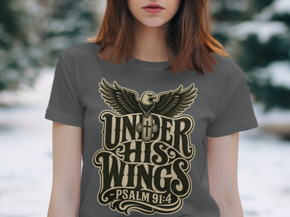 Dark gray t-shirt with an eagle and text "UNDER HIS WINGS - PSALM 91:4".