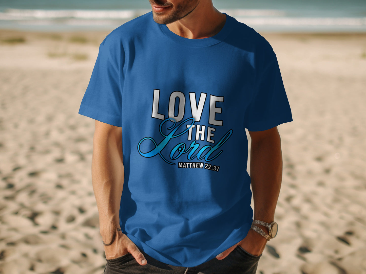 Blue t-shirt with "Love The Lord" and "Matthew 22:37" on the front.