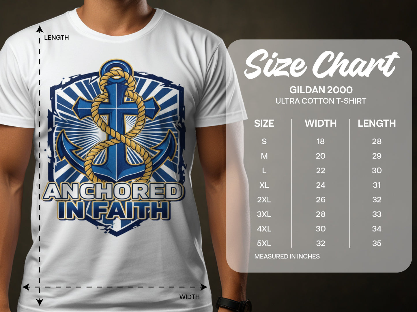 White Gildan 2000 t-shirt with blue anchor cross graphic and "Anchored In Faith" text.