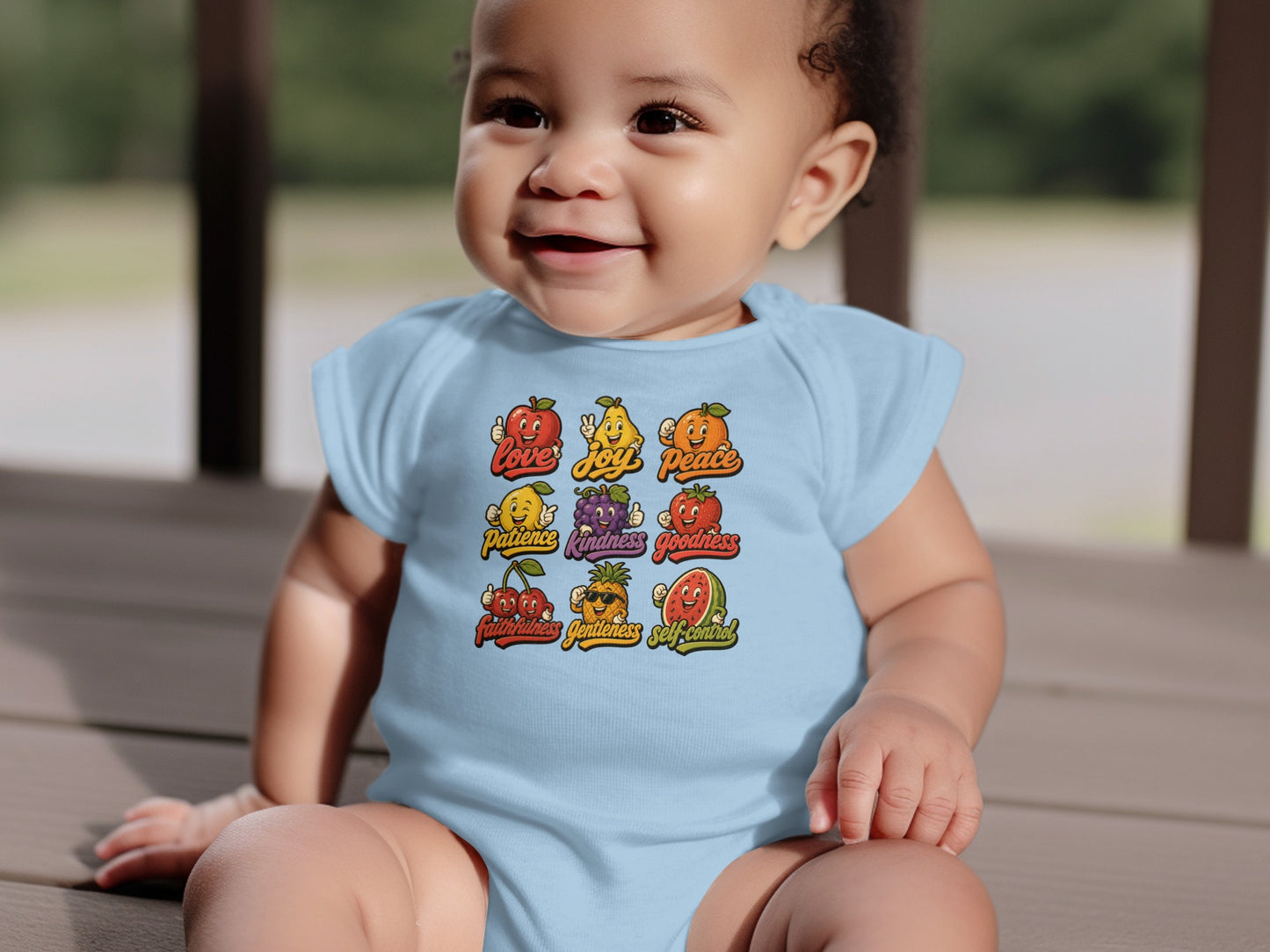 Light blue baby onesie with cartoon fruits representing virtues like love, joy, peace, and kindness.