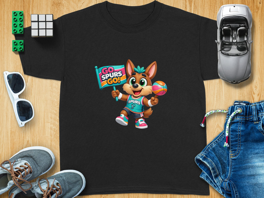 Black t-shirt with animated fox holding a "Go Spurs Go!" sign and basketball.