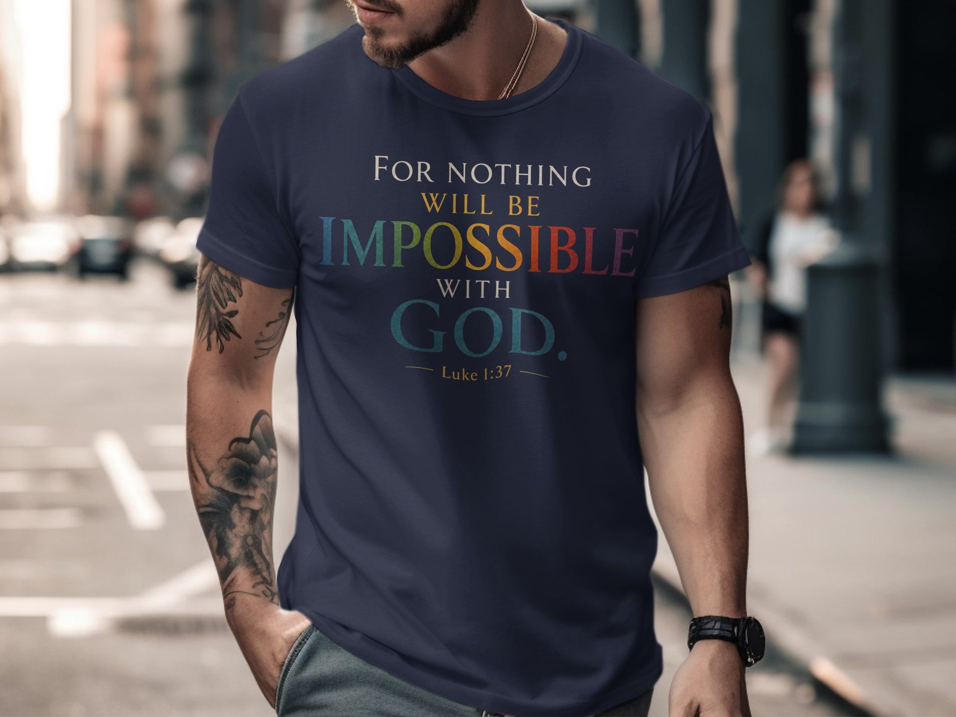 Navy t-shirt with colorful text "For Nothing Will Be Impossible With God. Luke 1:37".