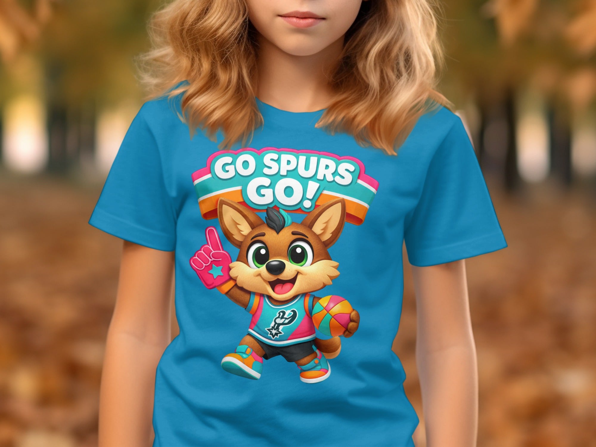 Cartoon fox in Spurs jersey holds basketball, wearing "GO SPURS GO!" text.
