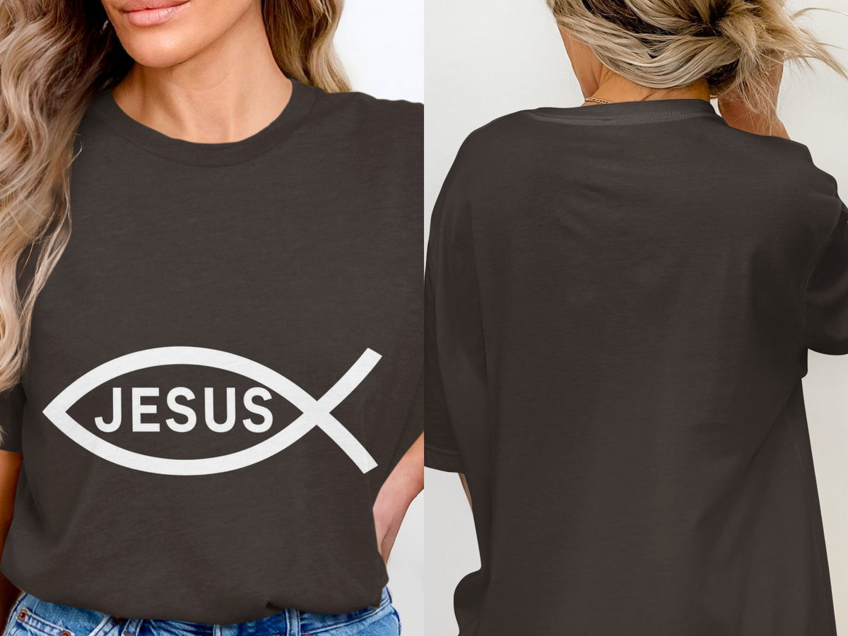 Dark t-shirt with white "JESUS" fish symbol on front and plain back.
