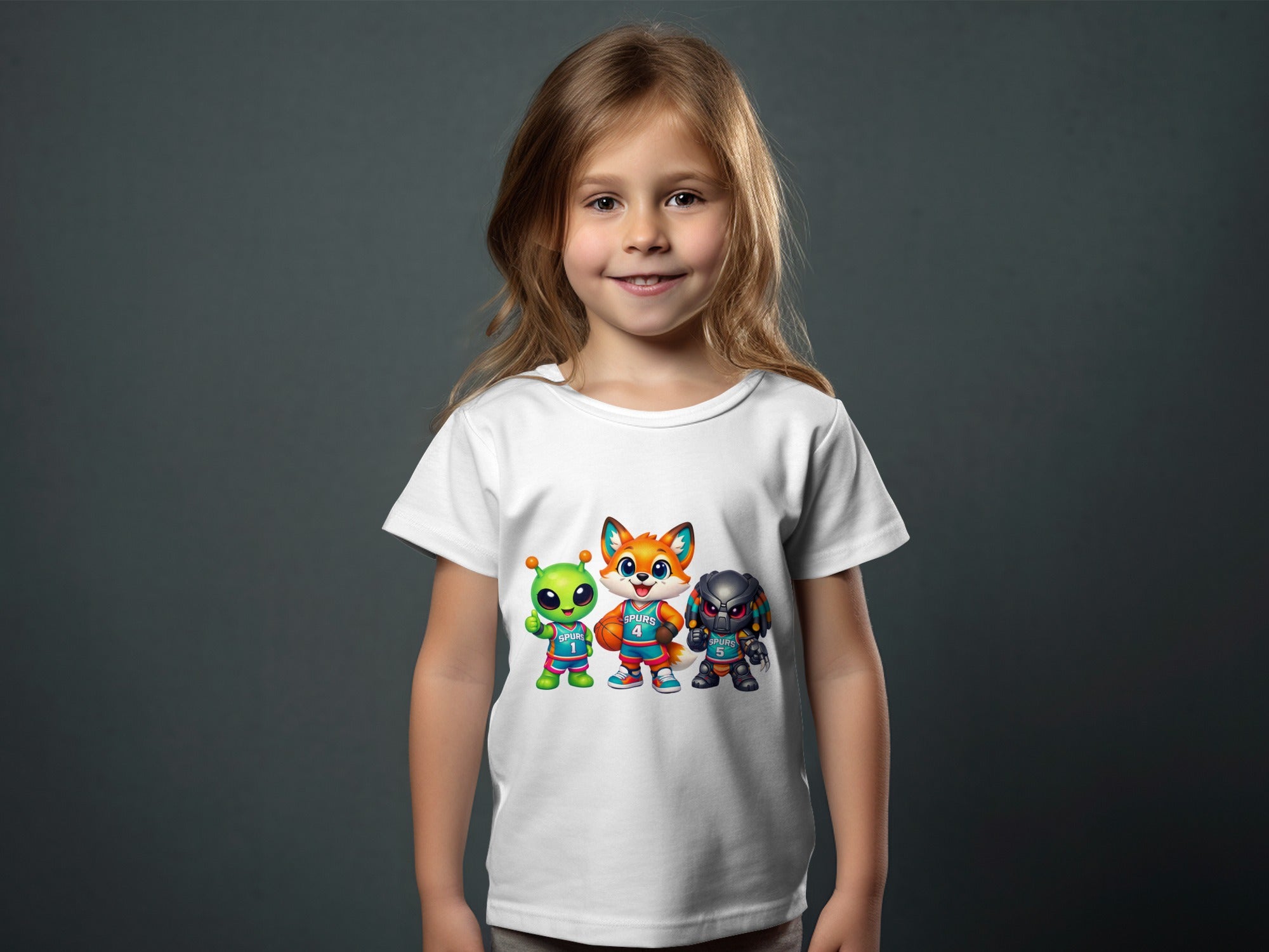 Girl wearing white t-shirt with cartoon alien, fox, and robot basketball players.