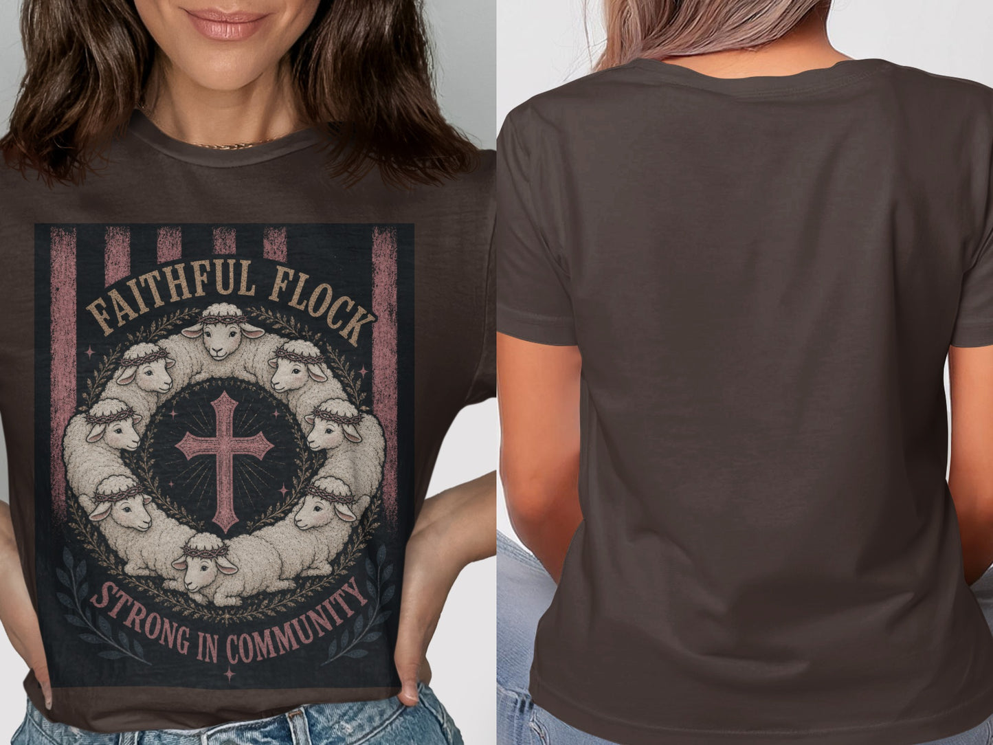 Graphic t-shirt with sheep circle, cross, and text "FAITHFUL FLOCK STRONG IN COMMUNITY".