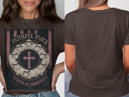 Graphic t-shirt with sheep circle, cross, and text "FAITHFUL FLOCK STRONG IN COMMUNITY".