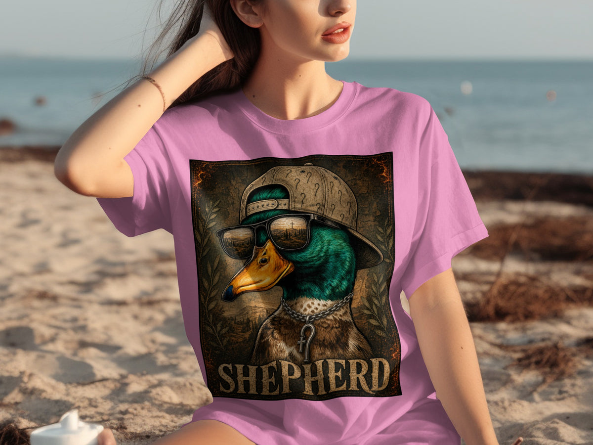 T-shirt graphic design of a duck wearing a cap and sunglasses, with the word "SHEPHERD".