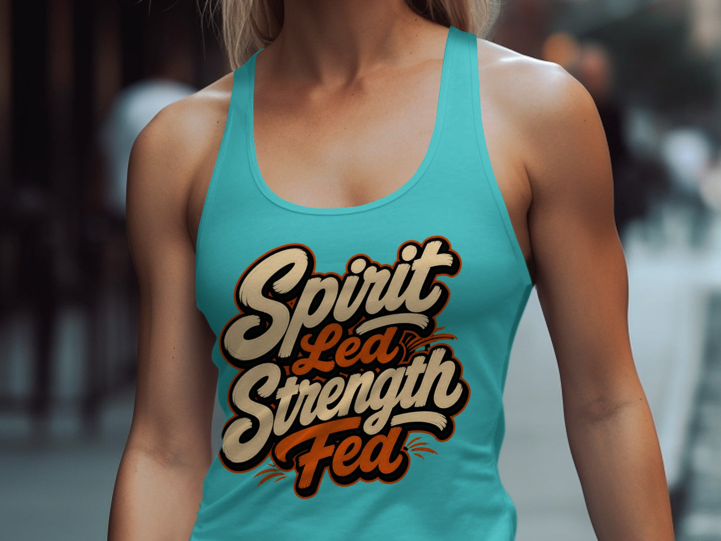 Aqua tank top with vintage-style text "Spirit Led Strength Fed".