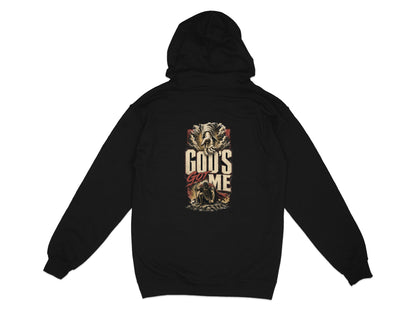 Black hoodie with "God's Got Me" text and religious imagery on the back.