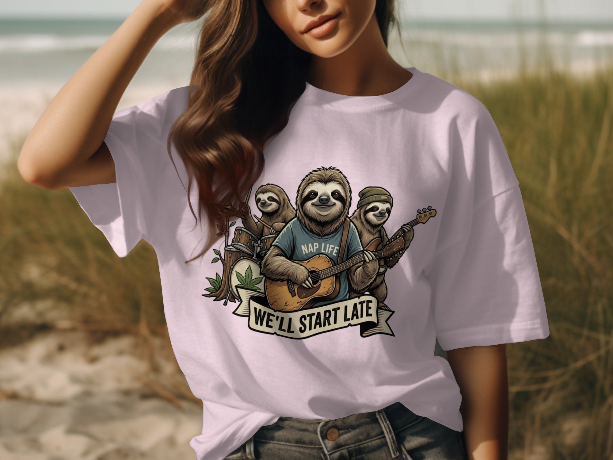 Sloth band with guitar and drums, wearing "Nap Life" shirt, with banner "We'll Start Late."