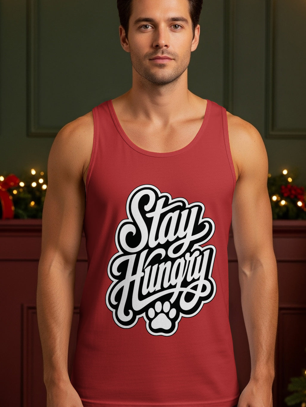 Red tank top with white "Stay Hungry" text and a paw print.