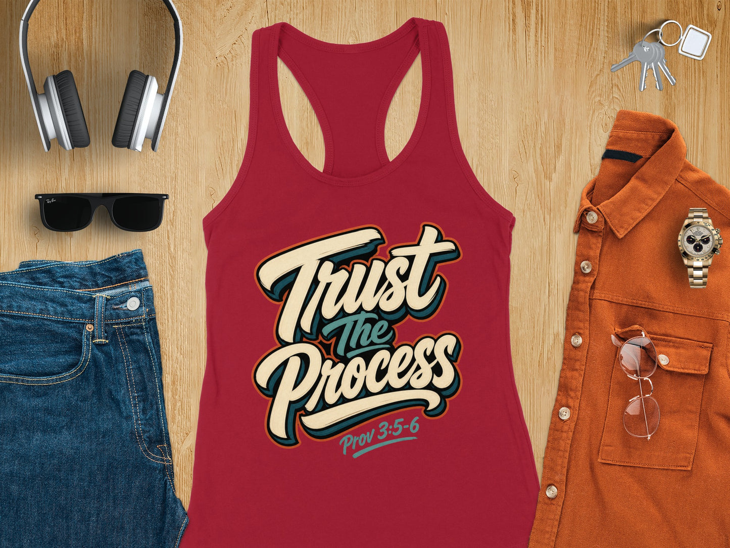 Red tank top with "Trust The Process" and "Prov 3:5-6" text.