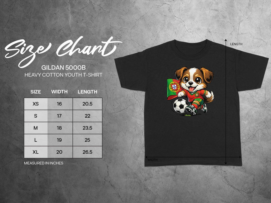 Gildan 5000B youth t-shirt size chart with a cartoon dog holding a Portuguese flag.