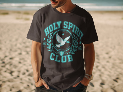 Dark t-shirt with "Holy Spirit Club" text, dove, cross, and Bible verses.