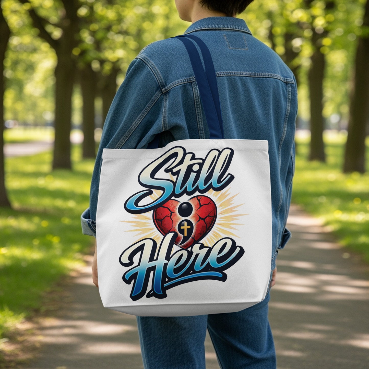 Tote bag with "Still Here" text, a cracked heart, and a cross icon.