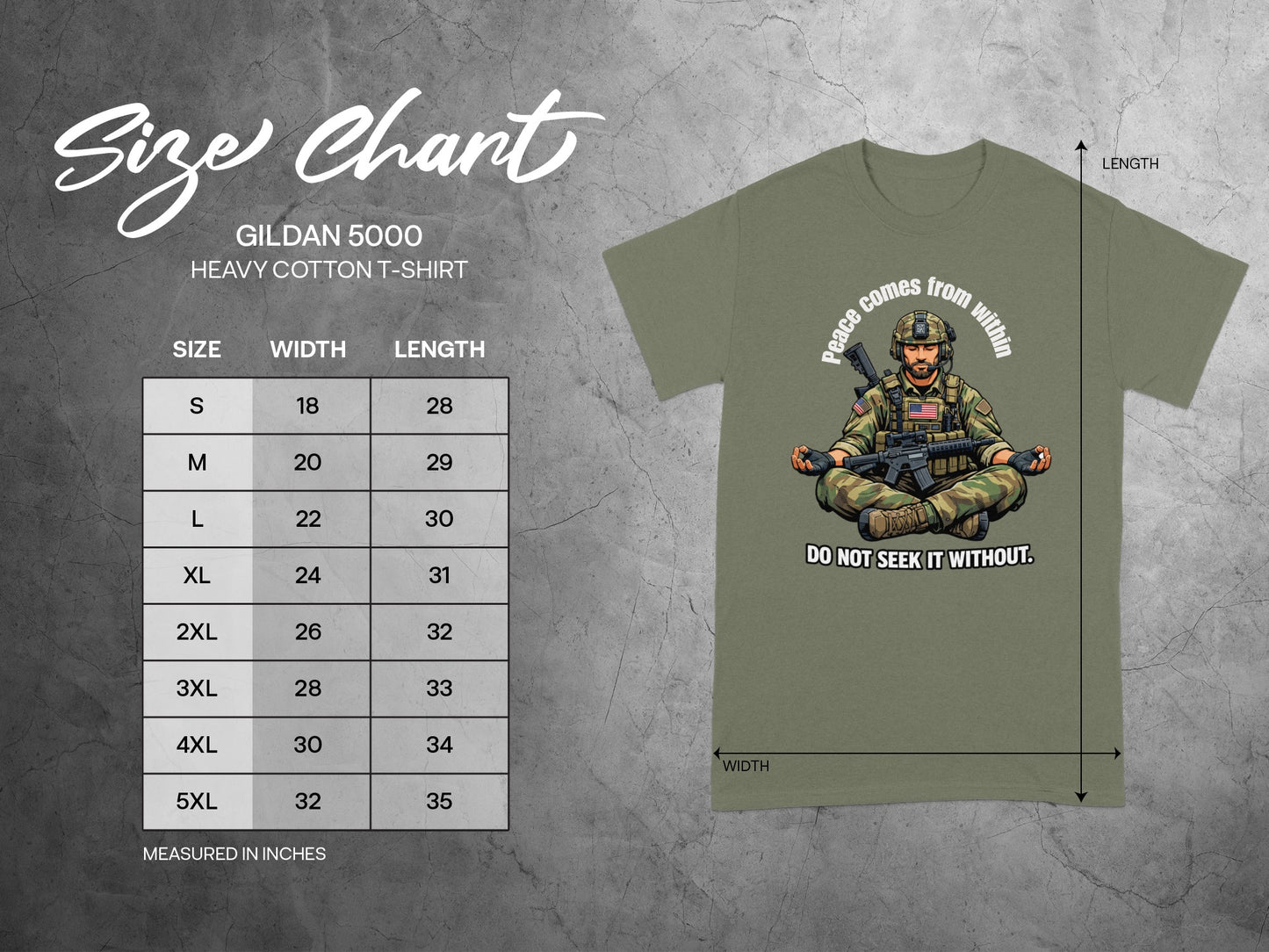 A Gildan 5000 heavy cotton t-shirt size chart and t-shirt with soldier illustration.