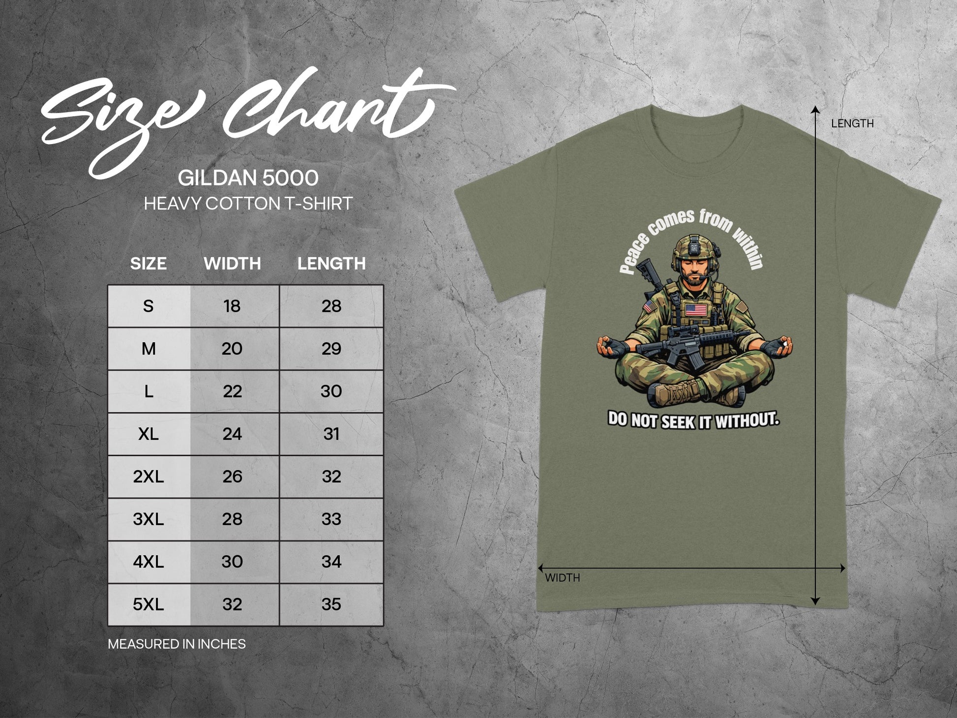A Gildan 5000 heavy cotton t-shirt size chart and t-shirt with soldier illustration.