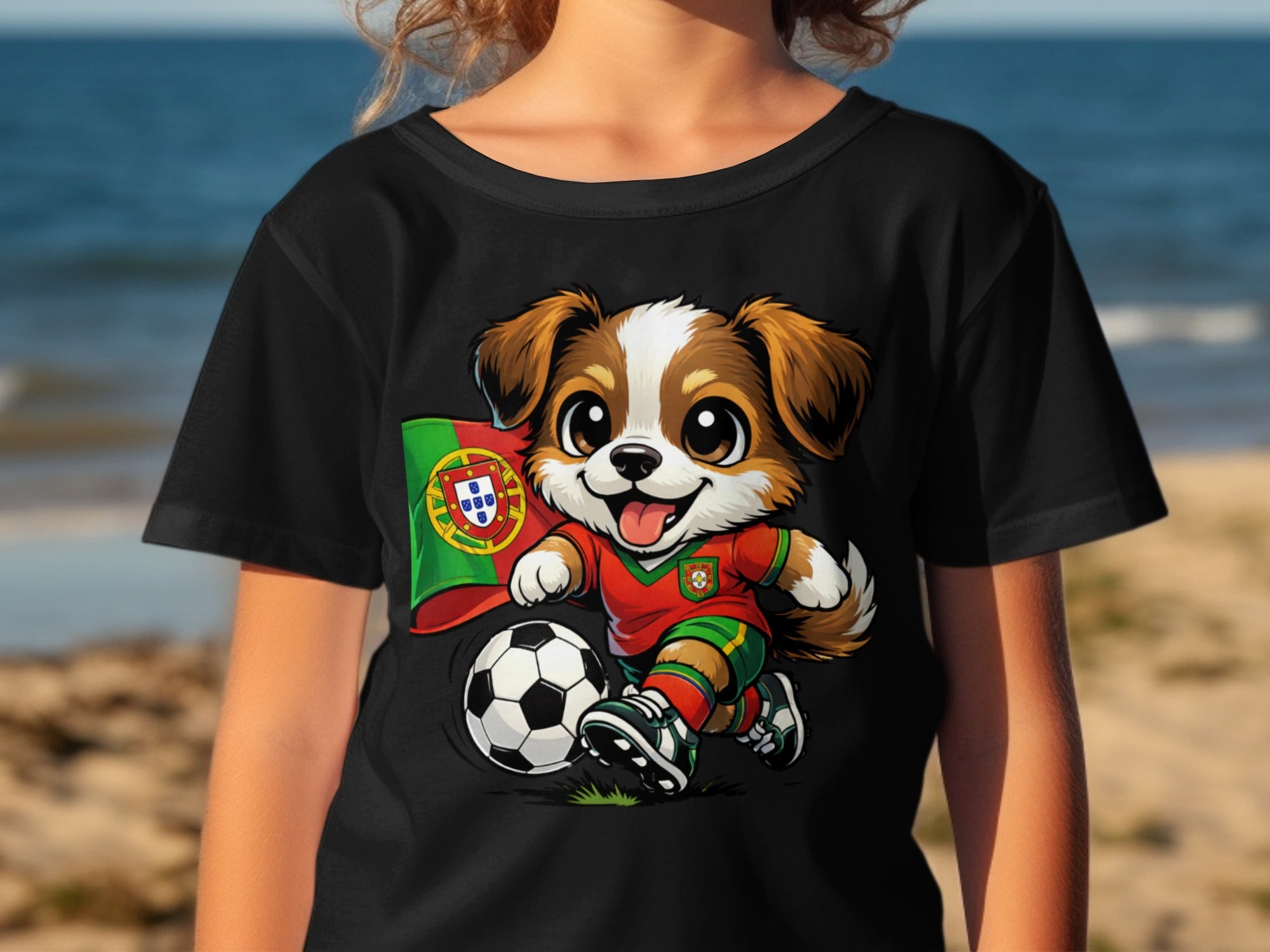 Cartoon dog in Portuguese soccer uniform dribbling a ball with flag.