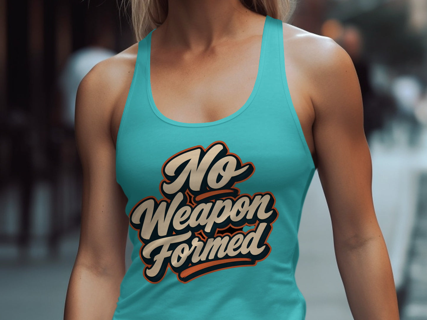 Teal tank top with "No Weapon Formed" text graphic on chest.