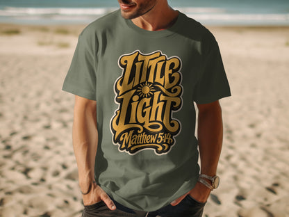 Green t-shirt with yellow text "Little Light Matthew 5:14" and a sun graphic.