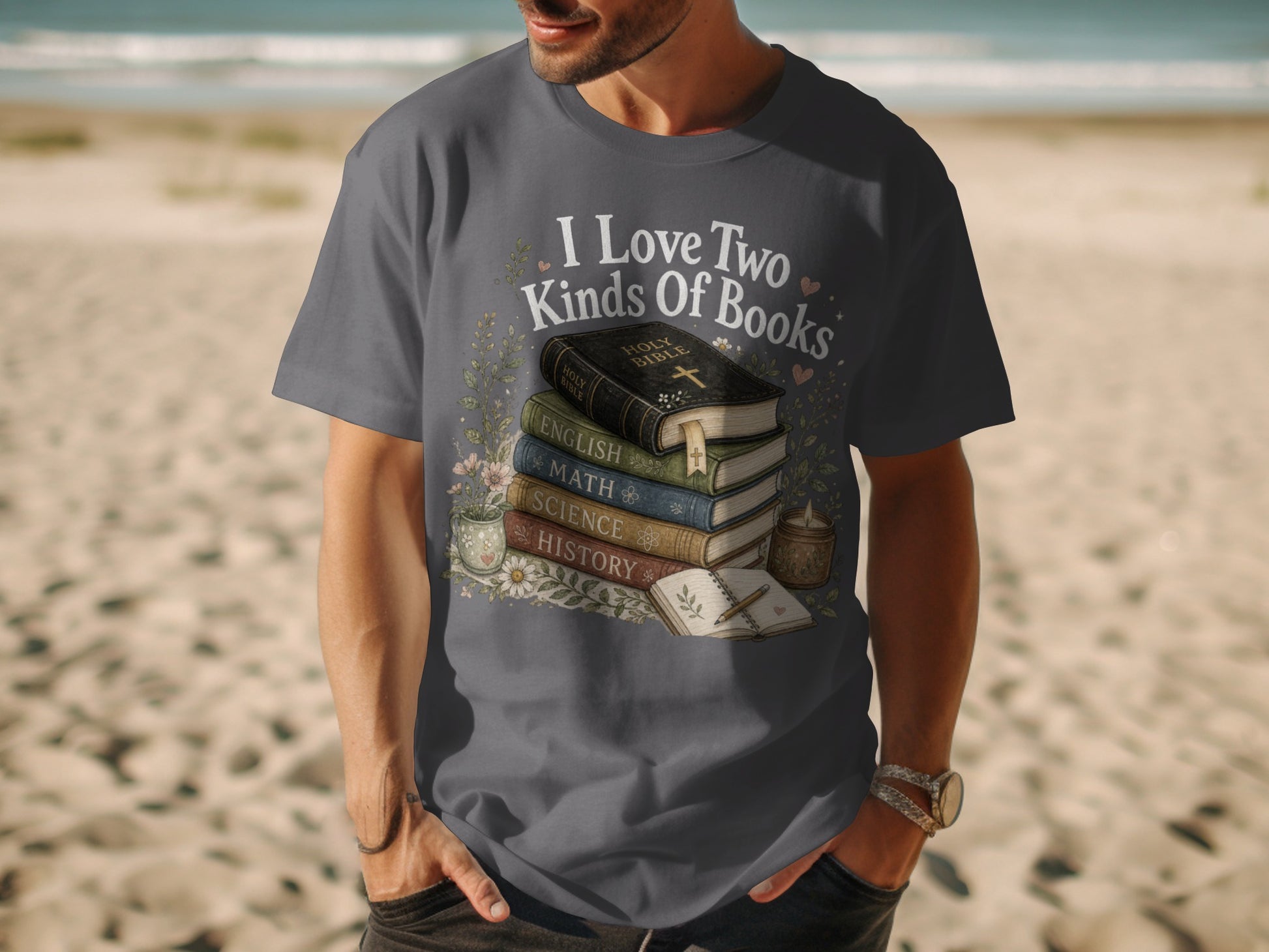 T-shirt graphic with stack of books and "I Love Two Kinds Of Books" text.