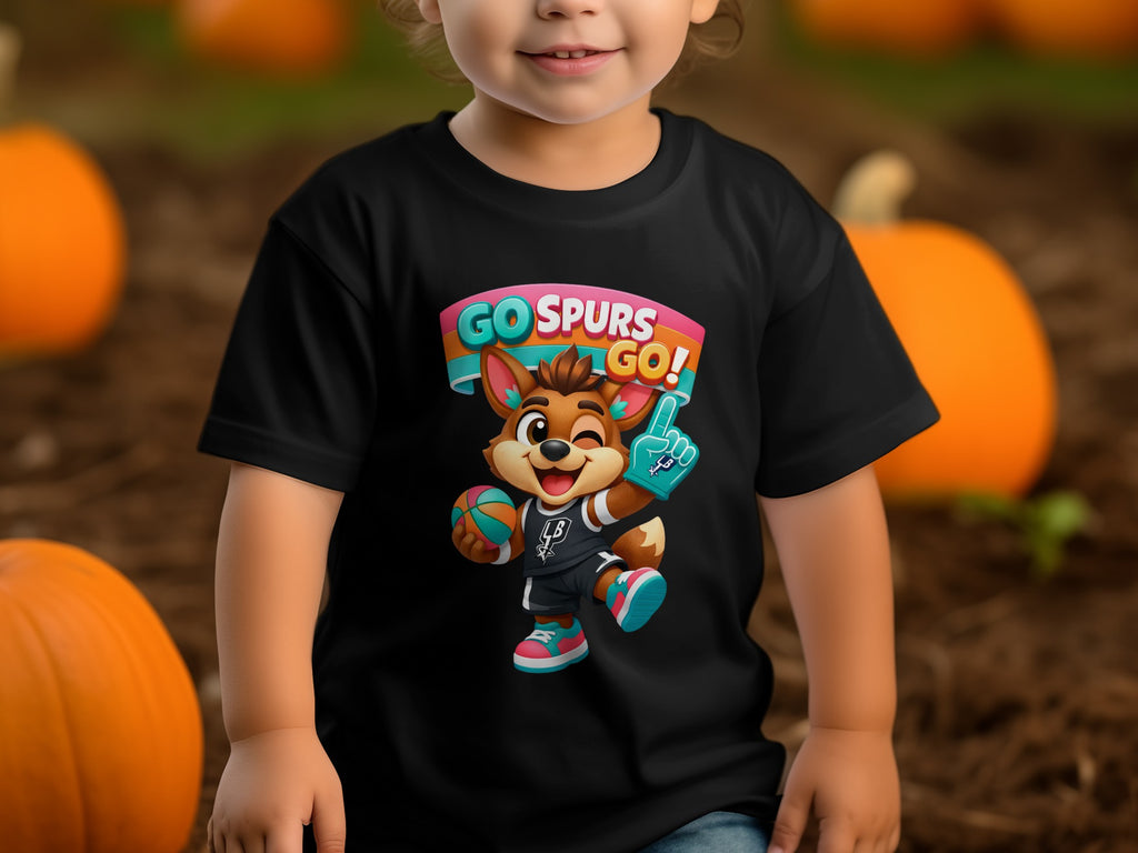 Black t-shirt on a child with a cartoon fox in basketball gear and "GO SPURS GO!" text.