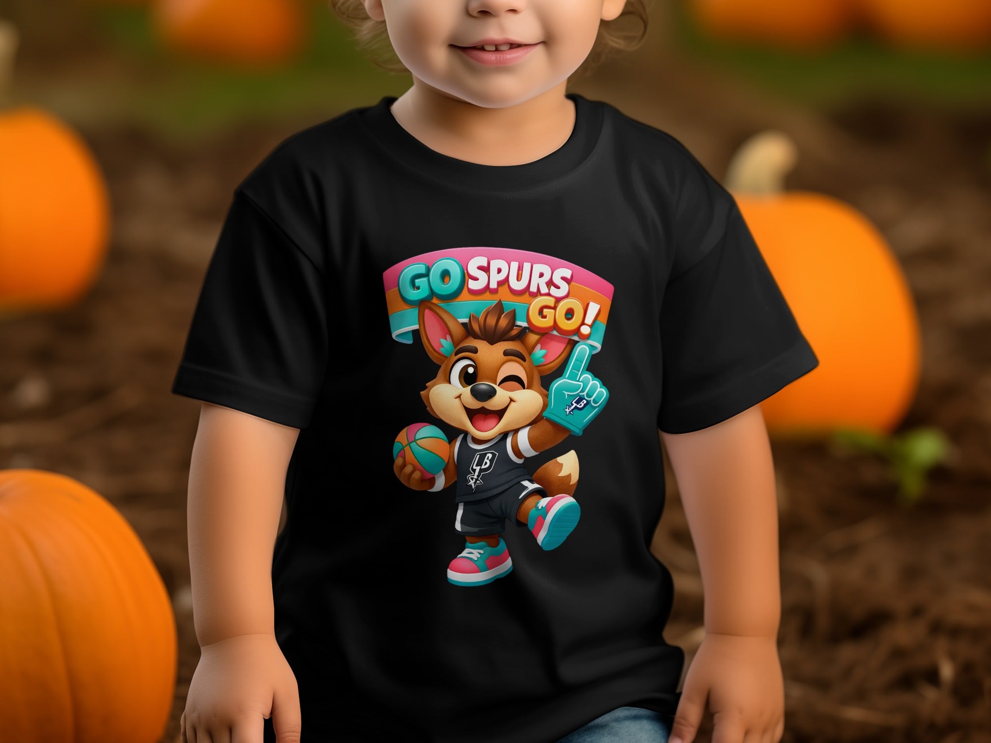 Black t-shirt on a child with a cartoon fox in basketball gear and "GO SPURS GO!" text.