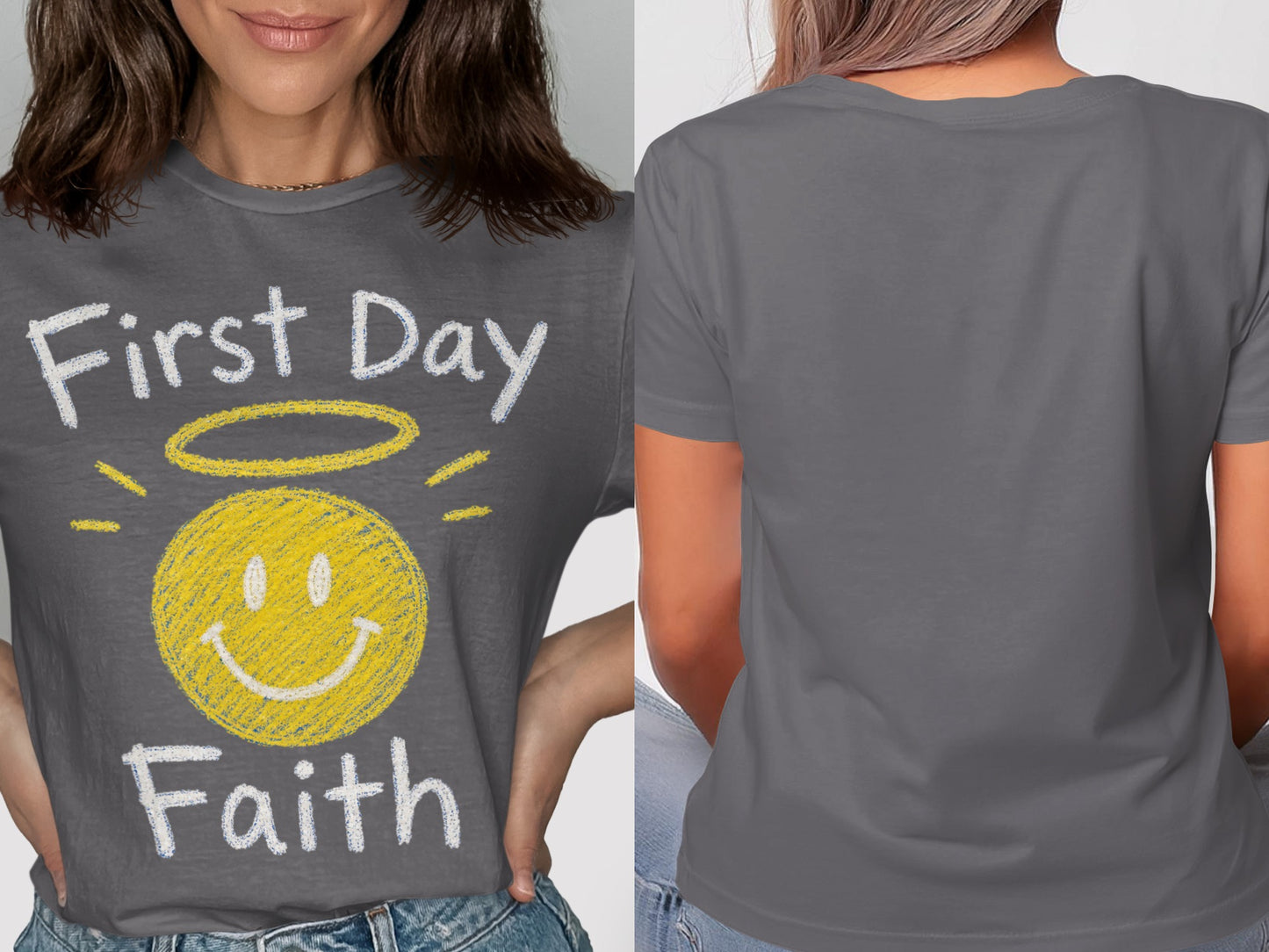 Grey t-shirt with yellow smiley face, halo, and text "First Day Faith".
