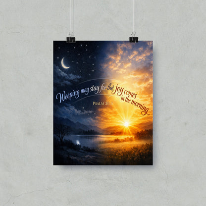 Sun rises over a misty field, with crescent moon and stars in the night sky.