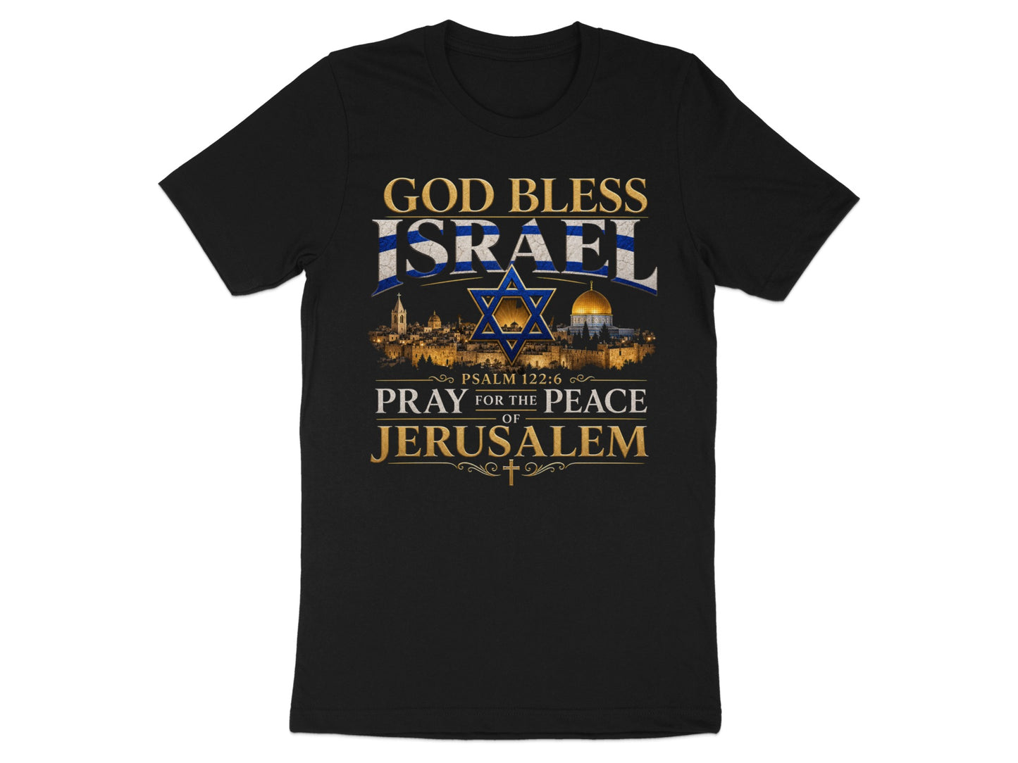 Black t-shirt with "God Bless Israel" and "Pray for the Peace of Jerusalem" text.
