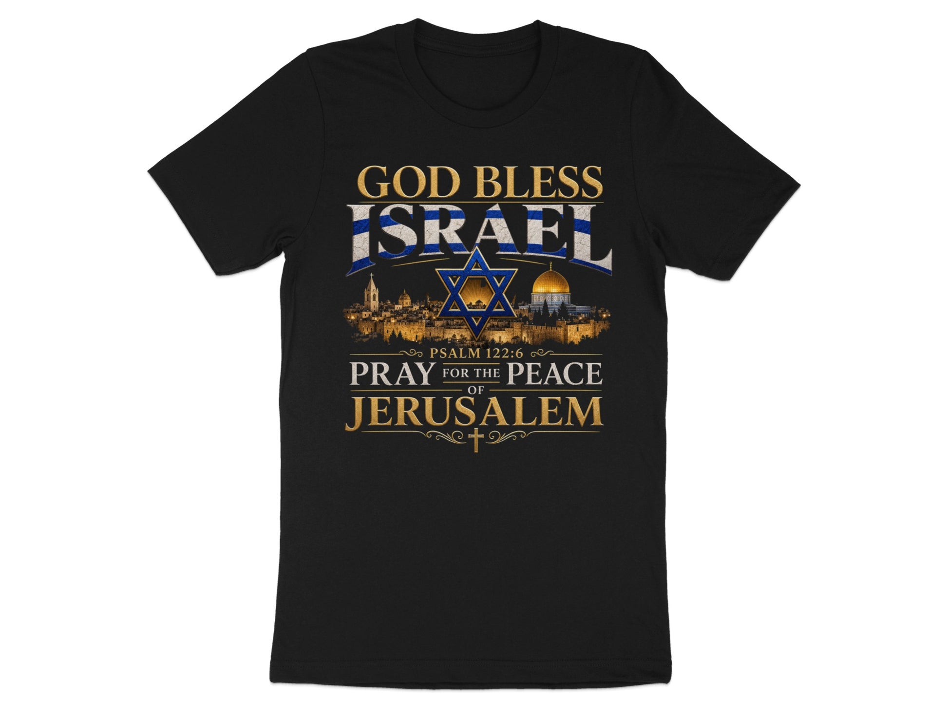 Black t-shirt with "God Bless Israel" and "Pray for the Peace of Jerusalem" text.