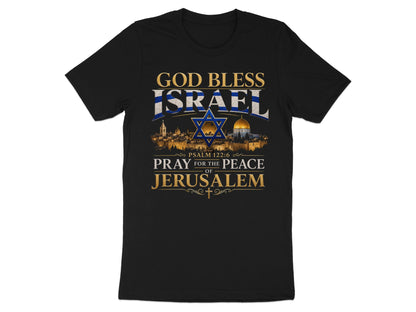 Black t-shirt with "God Bless Israel" and "Pray for the Peace of Jerusalem" text.