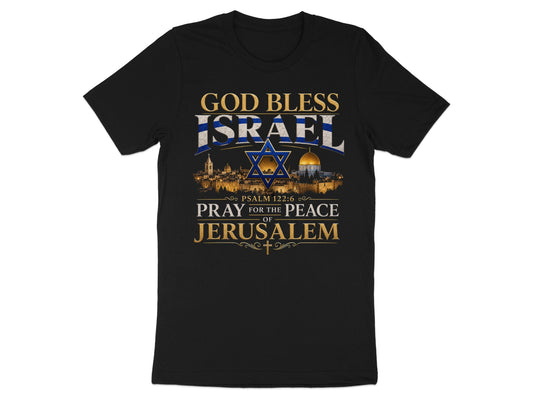 Black t-shirt with "God Bless Israel" and "Pray for the Peace of Jerusalem" text.