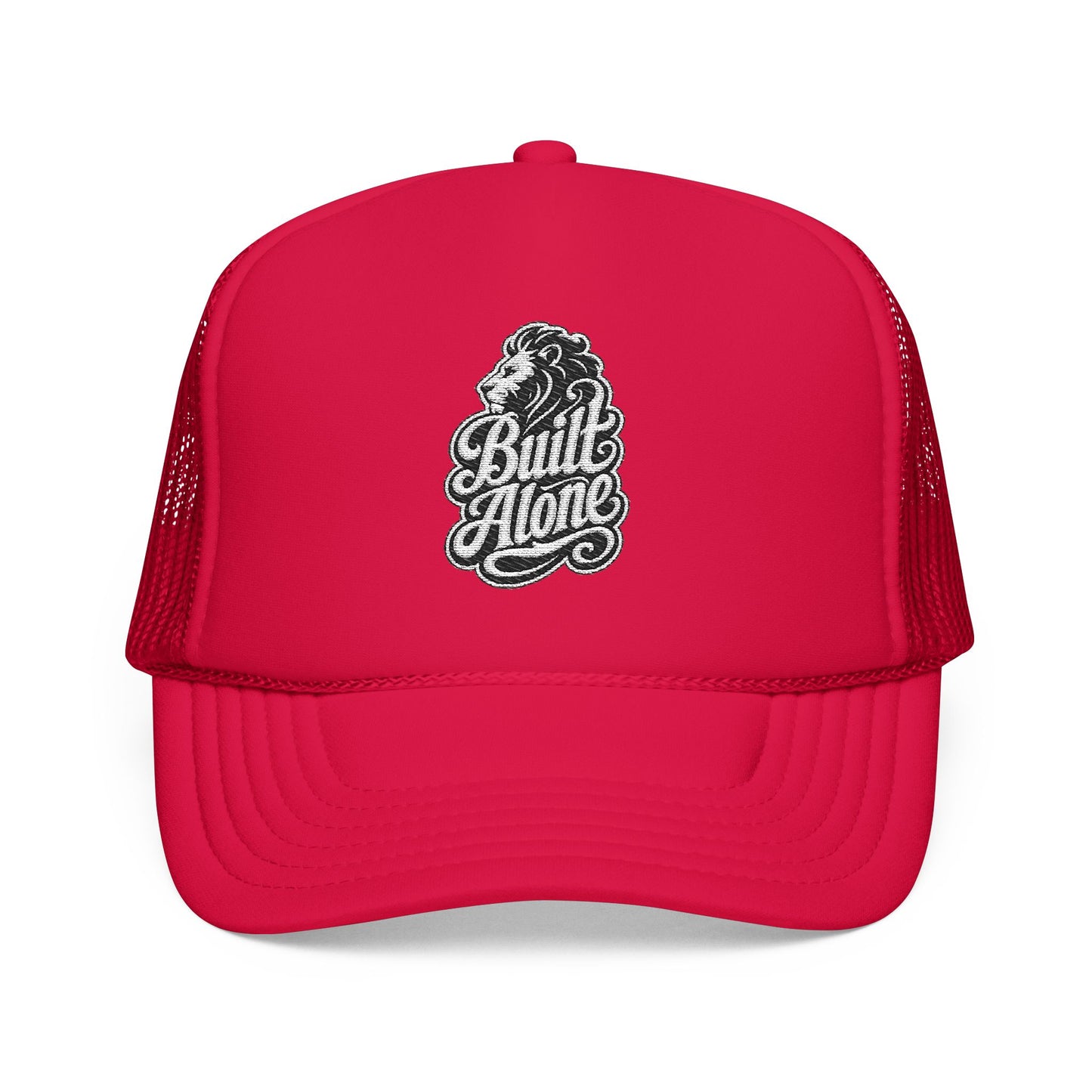 Red trucker hat with embroidered lion and "Built Alone" text.