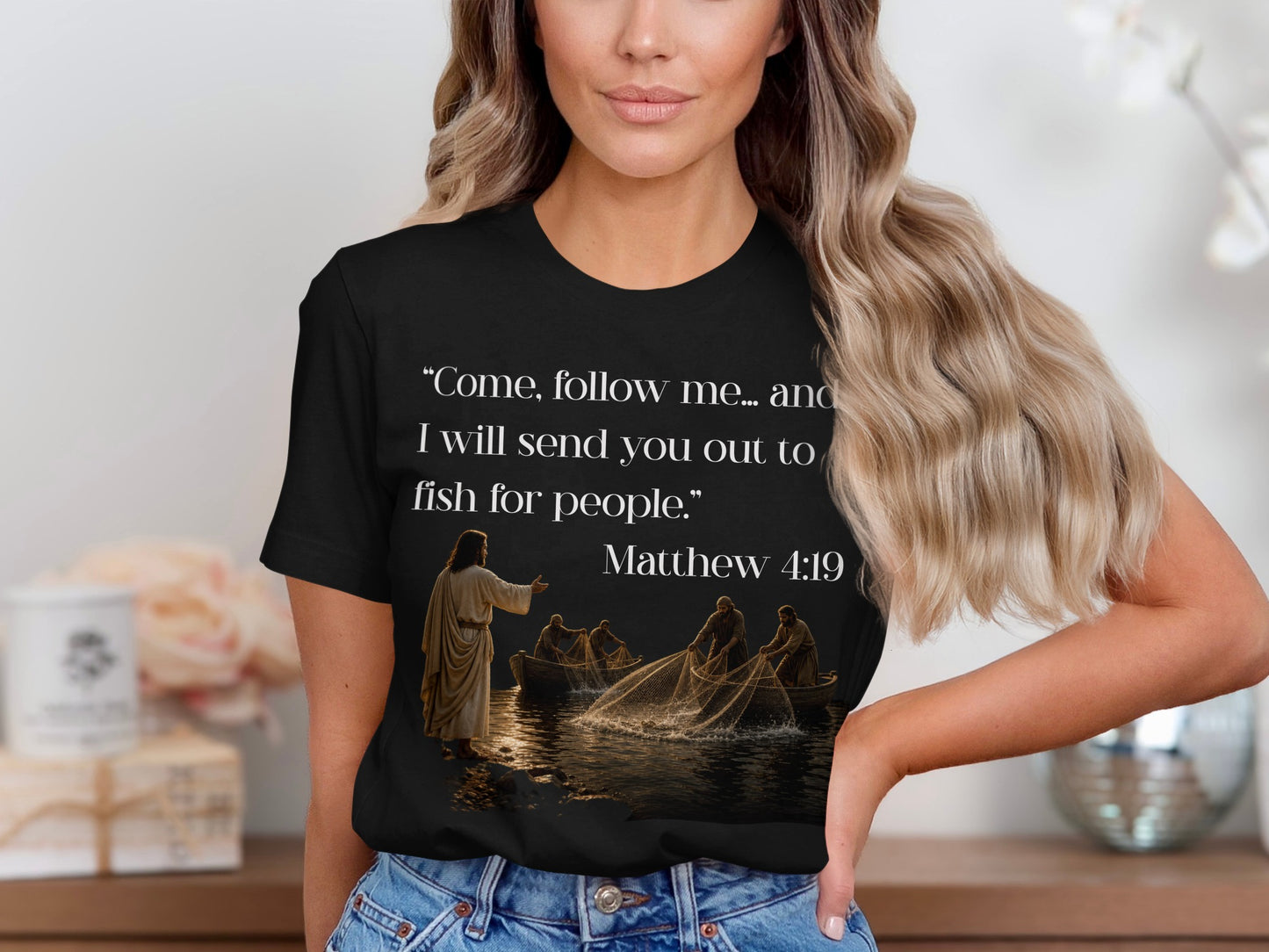 Black t-shirt with Jesus calling disciples to be fishers of men.