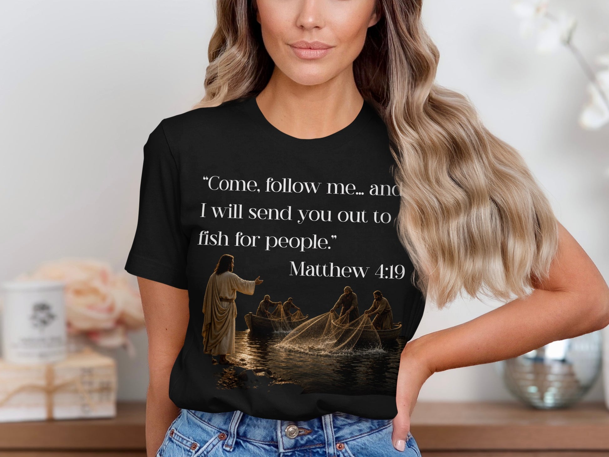 Black t-shirt with Jesus calling disciples to be fishers of men.
