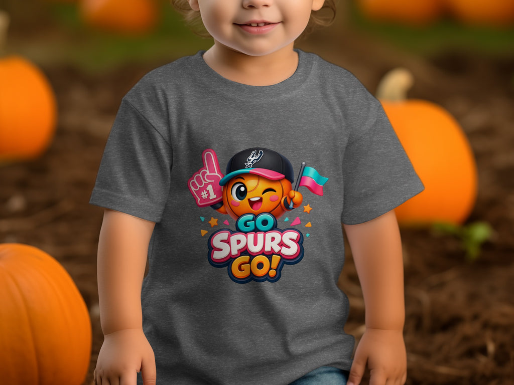 Gray t-shirt on child with cartoon Spurs mascot and "GO SPURS GO!" text.