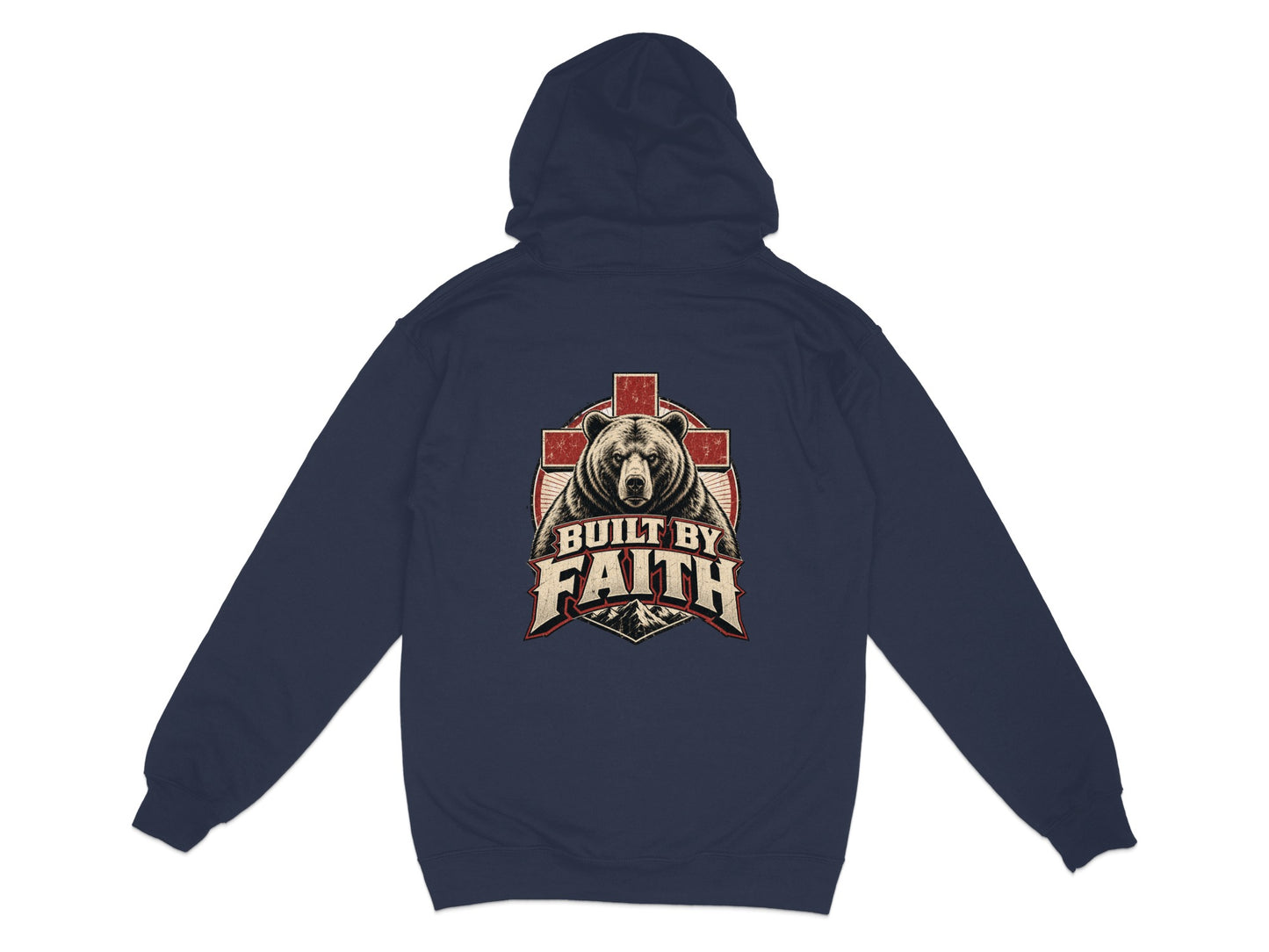 Navy hoodie with a distressed graphic of a bear, cross, and mountains with text "BUILT BY FAITH".