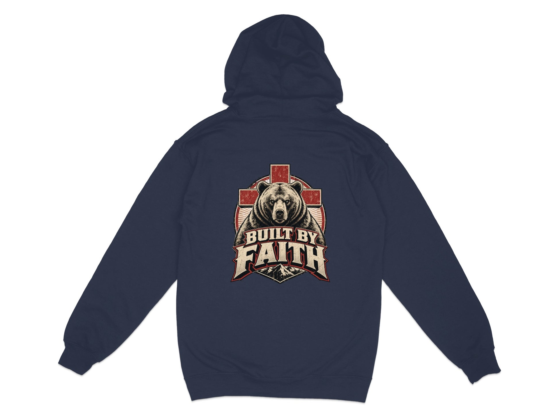 Navy hoodie with a distressed graphic of a bear, cross, and mountains with text "BUILT BY FAITH".