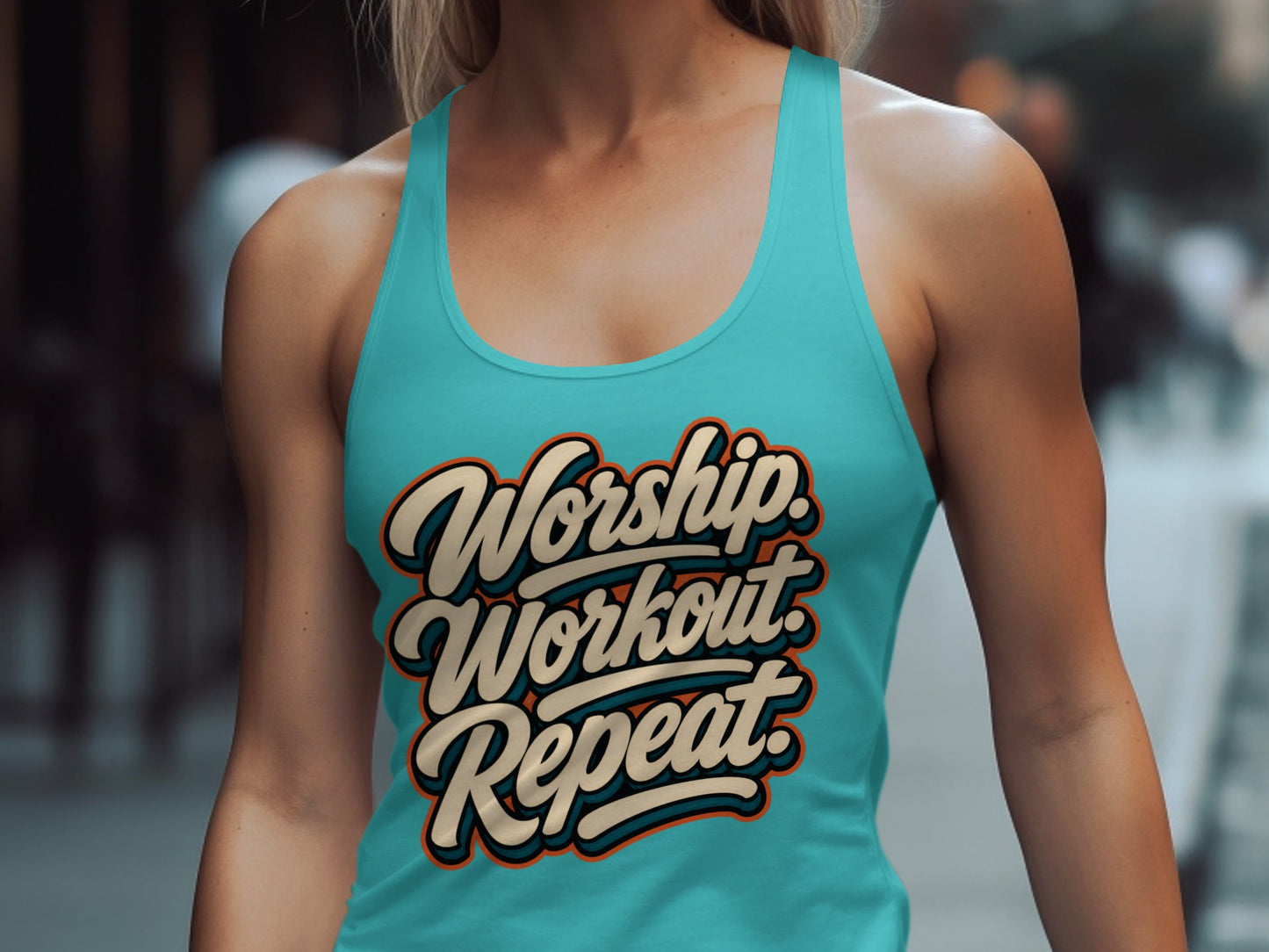 Teal tank top with "Worship. Workout. Repeat." text in cream and orange.