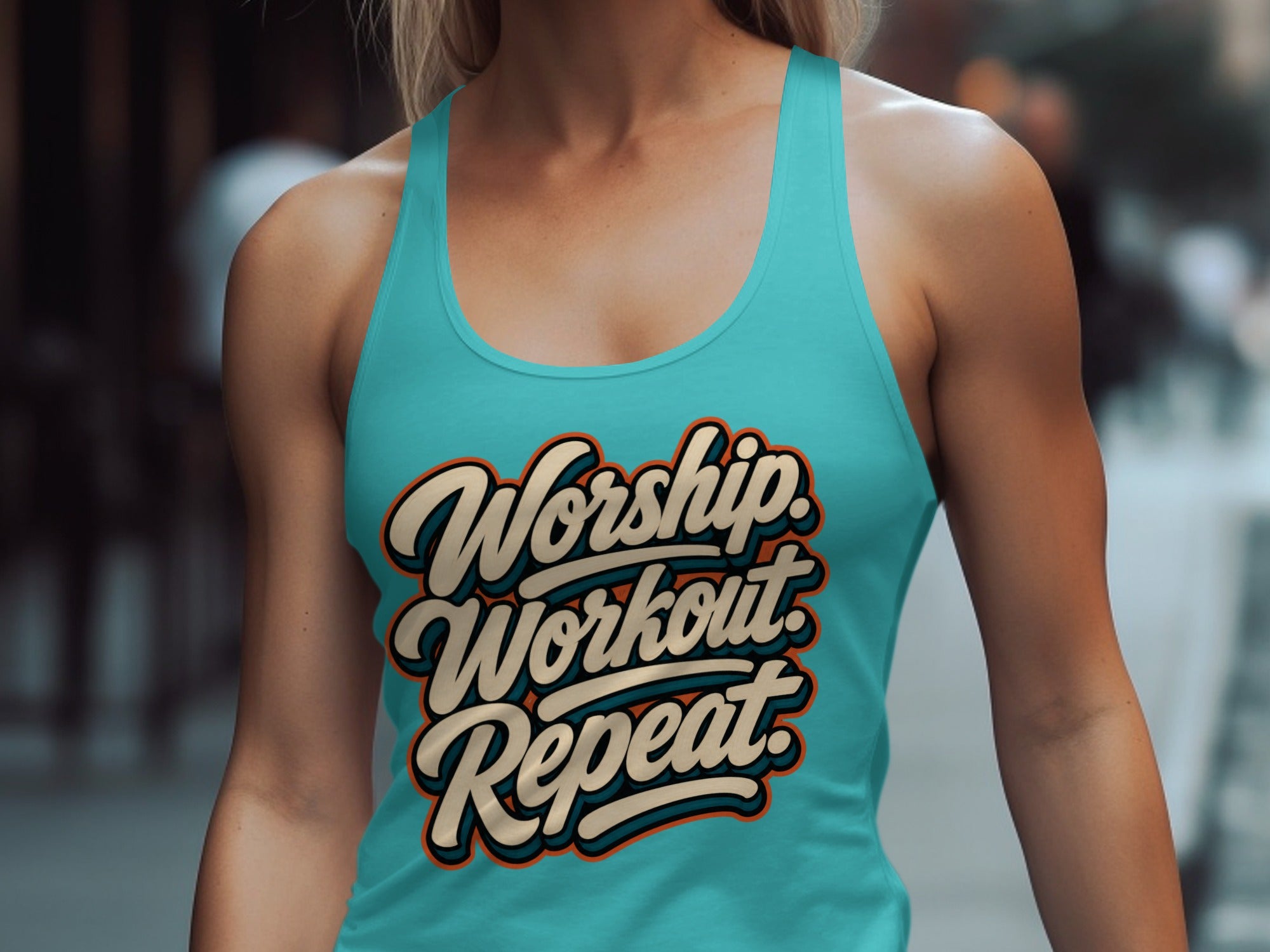 Teal tank top with "Worship. Workout. Repeat." text in cream and orange.