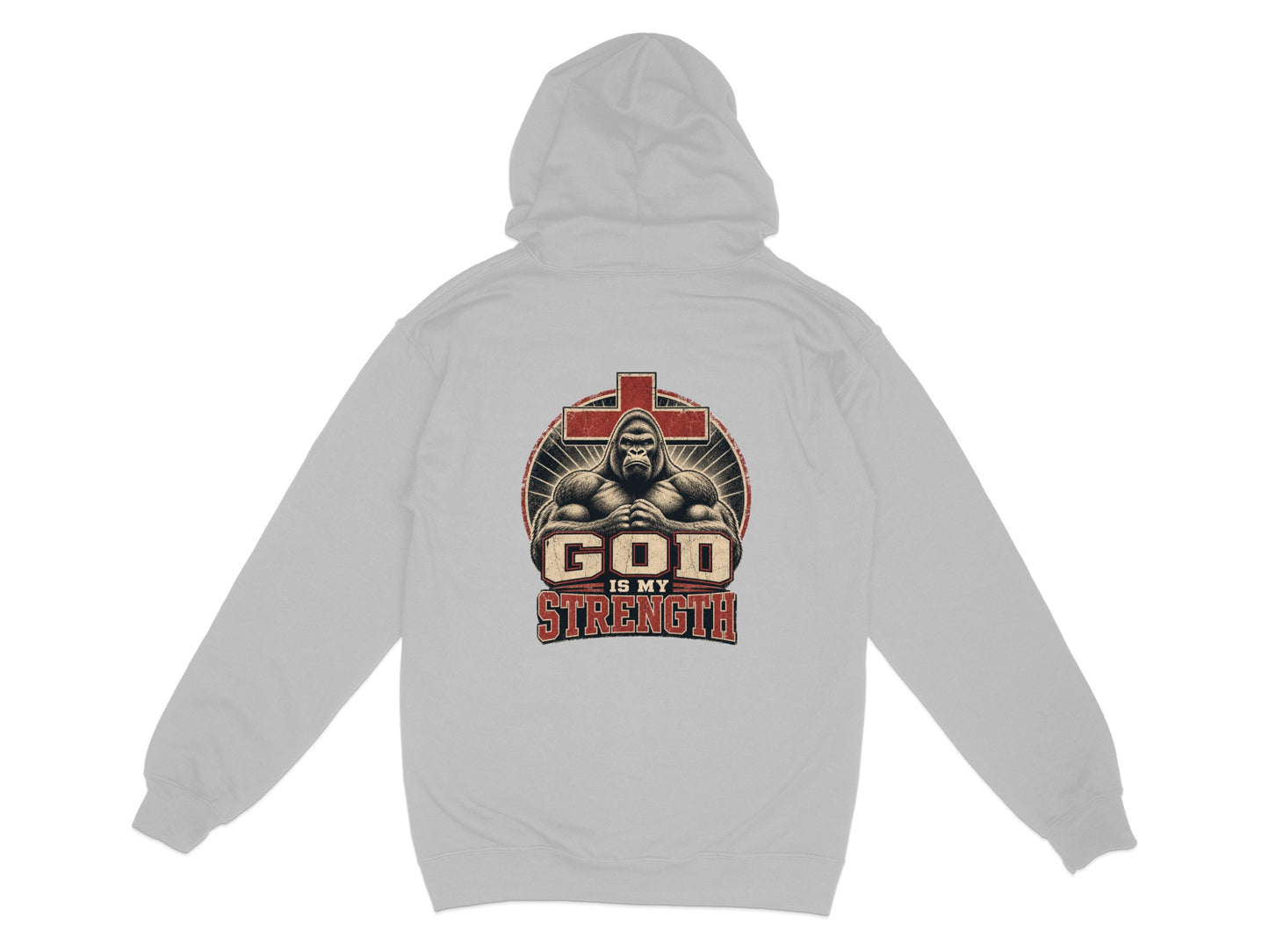Gorilla in front of cross graphic with "God is my strength" text.